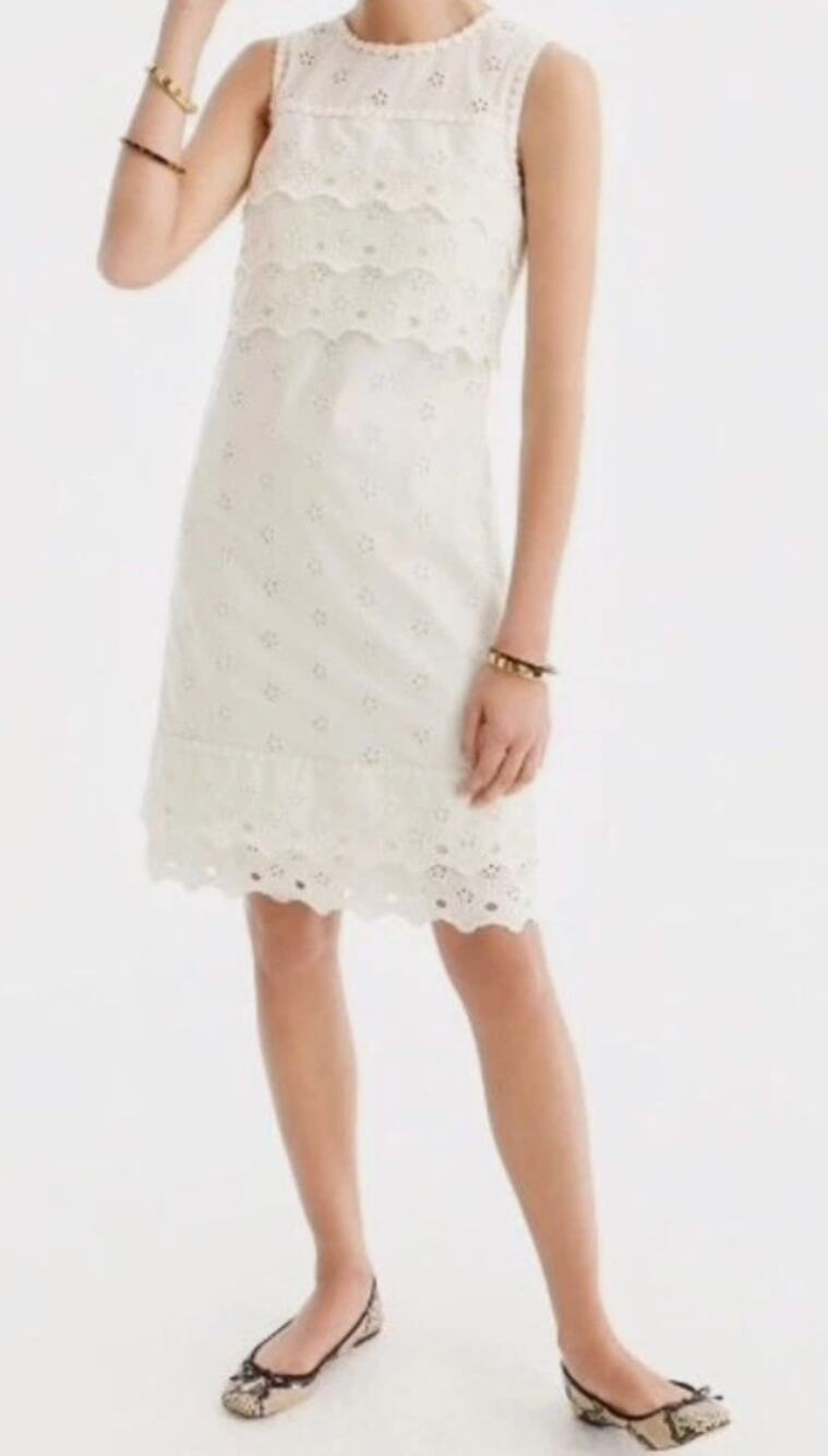 J. Crew Tiered Eyelet Sleeveless Ivory Lace Shift Dress Womens 14 G8475 Coquette
